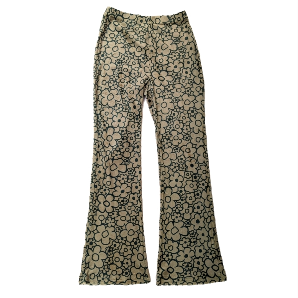 Green corduroy velvet vintage inspired floral flare pants